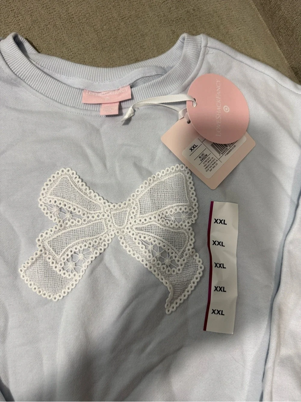 LoveShackFancy Kids Pastel Blue Sweater with Lace Bow Appliqué